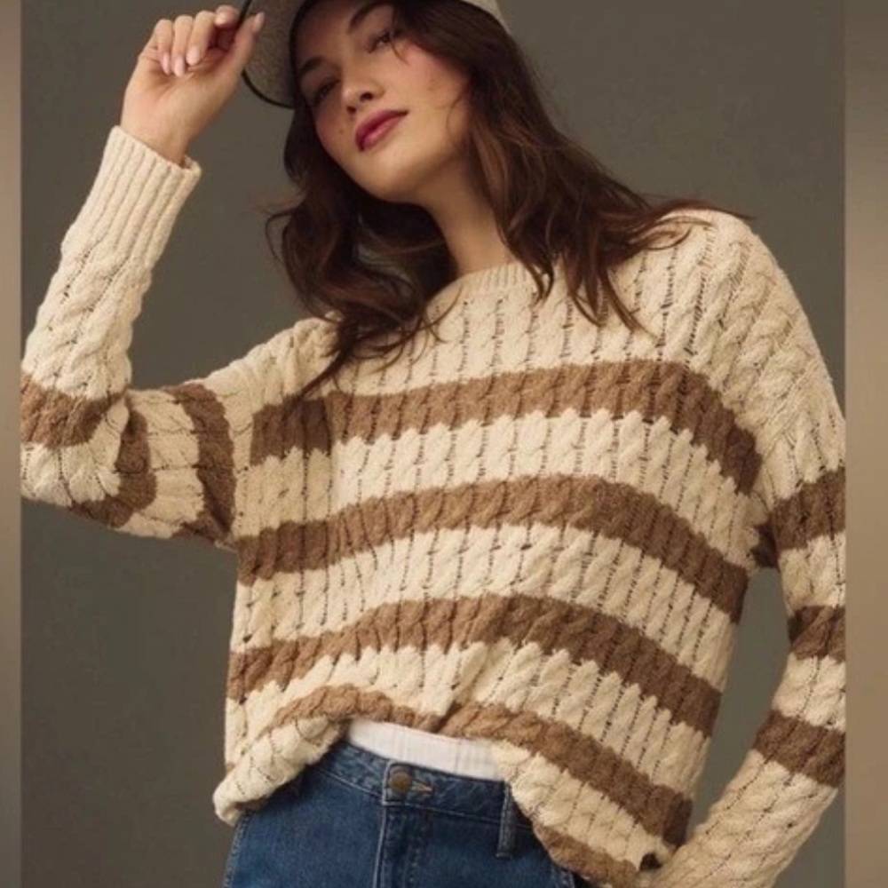 Anthropologie Pilcro‎ Sweater Striped Cream Brown Cable Knit Oversized size XS